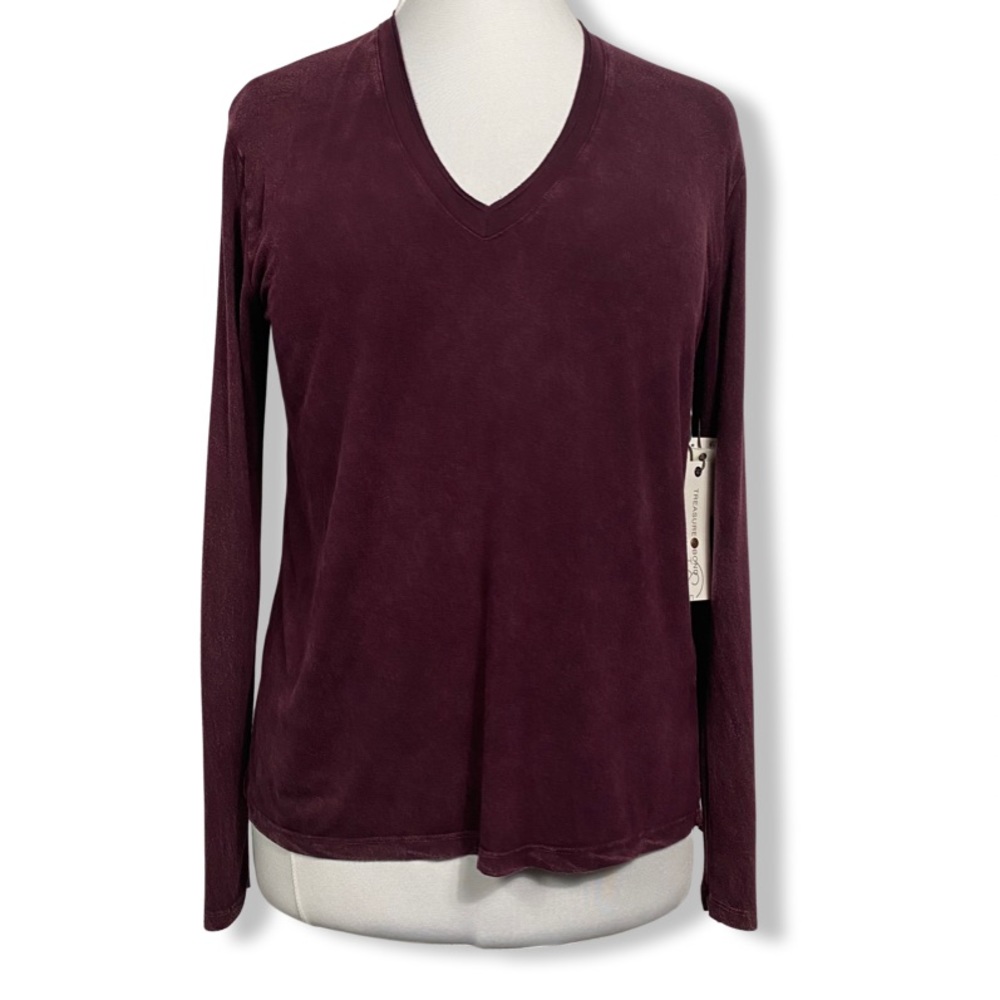 Burgundy Top, Raw Edge V-Neck, Lightweight, Soft & Cozy by Treasure & Bond